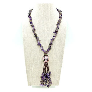 Vintage Natural Large Amethyst Chip Beaded Necklace Hand Blown Glass Pendant 34"